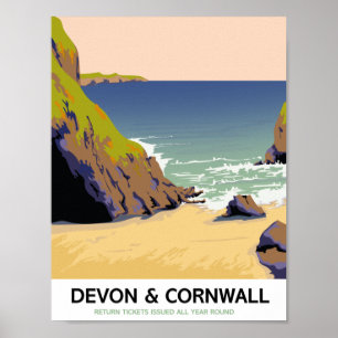 Affiche Devon & Cornwall "voyagez en train" voyage de styl