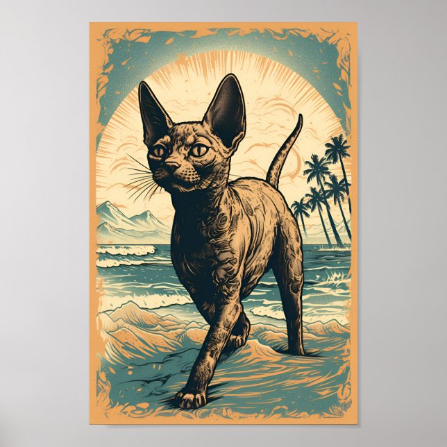 Affiche Devon Rex chat sur une plage tropicale (Devant)