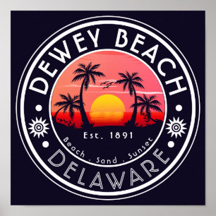 Affiche Dewey beach Delaware Sunset Beach Palm Tree 80's