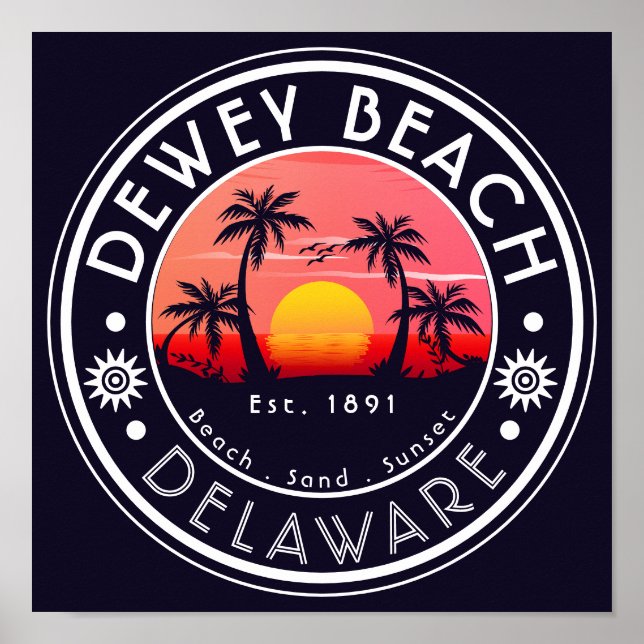 Affiche Dewey beach Delaware Sunset Beach Palm Tree 80's (Devant)
