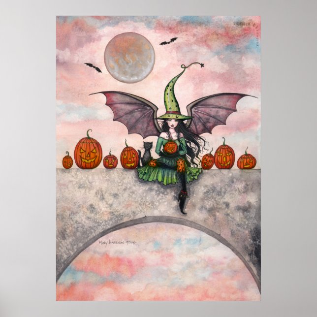 Affiche d'Halloween Sorcière Chat Citrouilles Illu (Devant)