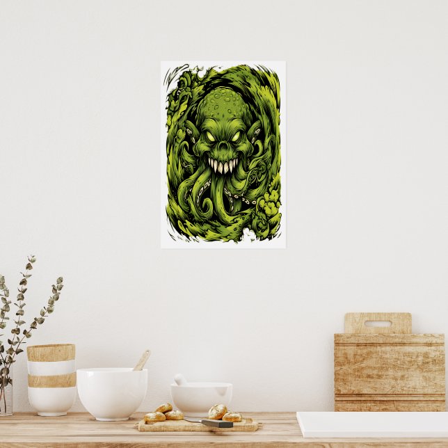 Affiche d'horreur de monstre à tentacule vert effr (Cuisine)
