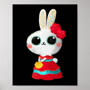 Affiche Dia De Los Muertos Cute Bunny Robe Rouge Mexicaine