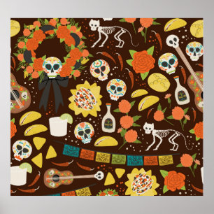 Affiche Dia De Los Muertos, motif de dessins animés.