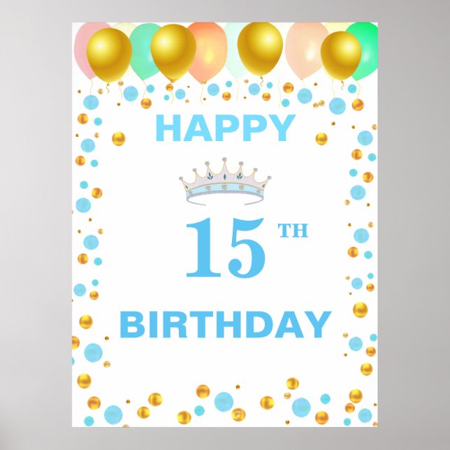 Affiche Diadème, Ballons et Confettis Dorés pour un 15ème  (Devant)