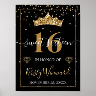 Affiche Diadème et Confettis Diamants Paillettes Noir et O
