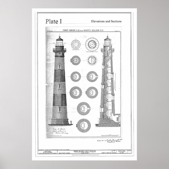 Affiche Diagramme du phare de l'île de Bodie vintage (Devant)