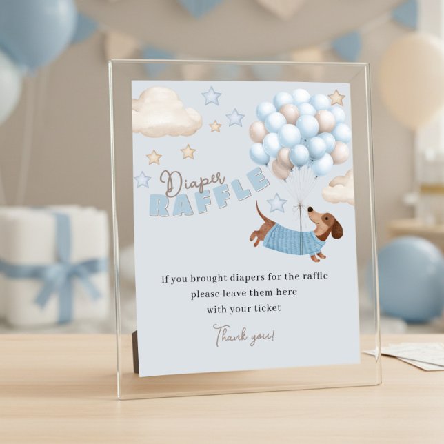 Affiche Diaper Raffle Dachshund Blue Baby Shower Game (Baby Shower Diaper Raffle Sign. Dachshund and balloons design in blue and beige)