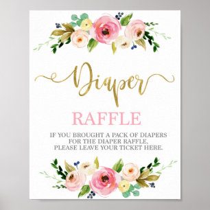 Affiche Diaper Raffle pink and gold floral sign
