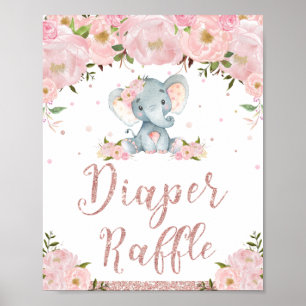 Affiche Diaper Raffle Sign Floral Elephant Baby Shower