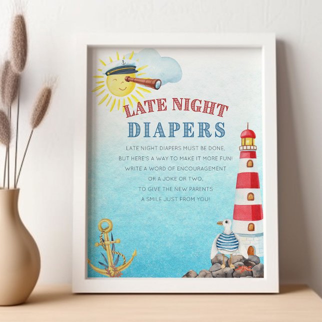 Affiche Diapeurs nocturnes mignons Baby shower nautique (Late Night Diaper Game Sign from my Ahoy it's a boy Nautical Baby Shower collection)