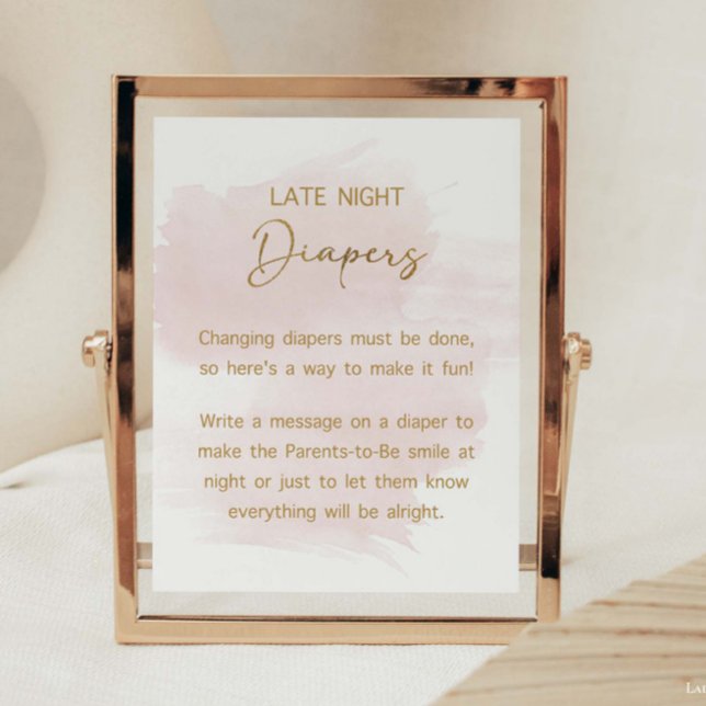 Affiche Diapositives nocturnes Aquarelle Blush & Gold Sign (Late Night Diapers Watercolor Blush & Gold Baby Shower Sign, Baby Girl)