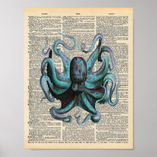 Affiche Dictionnaire vintage Art Bleu Océan Octopus
