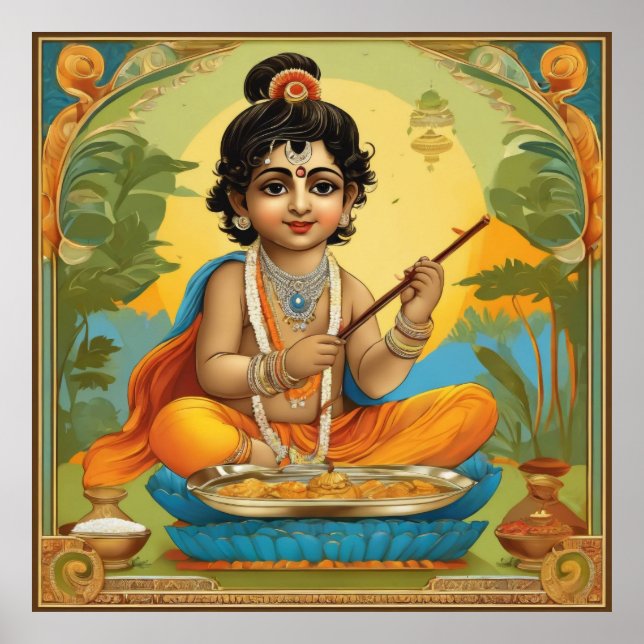 Affiche Dieu divin Krishna dans Enfance avec Flûte (Devant)