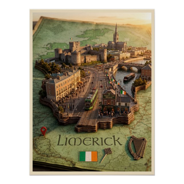 Affiche d'illustration de carte 3D de Limerick Irl (Devant)