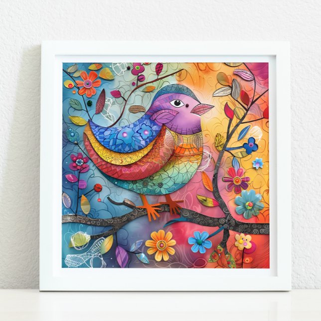 AFFICHE D'ILLUSTRATION D'OISEAUX BLANCS COLORÉS (COLORFUL WHIMSICAL BIRD ILLUSTRATION POSTER)