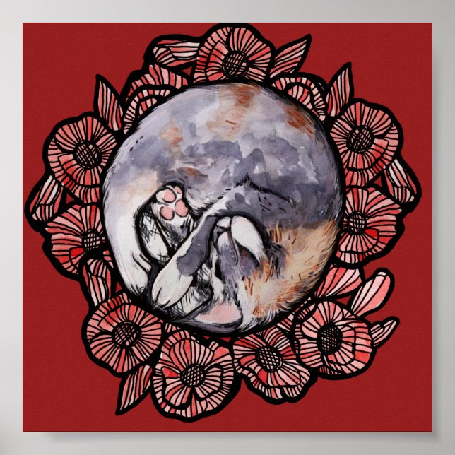 Affiche Dilute Calico Kitty Chat Red Poppy Flower Chats (Devant)