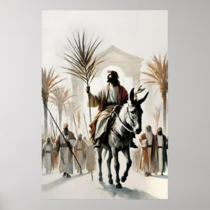 Affiche Dimanche des Rameaux Jésus chevauchant un âne Chré