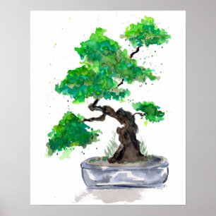 Affiche d'impression à l'aquarelle Bonsaï vert