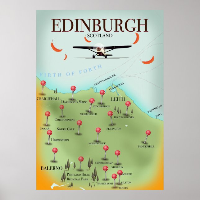 Affiche d'impression de carte ancienne d'Édimbourg (Devant)