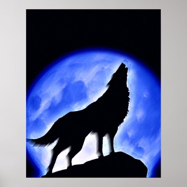 Affiche d'impression de loup hurlant à la lune - A (Devant)