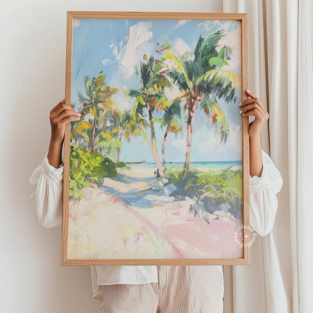 Affiche d'impression de plage tropicale aux palmie (Tropical Beach Palm Trees Poster Print Painting – Coastal Wall Art, Ocean Landscape Decor, Summer Be)