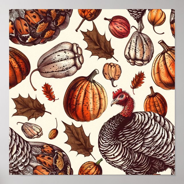 Affiche Dinde esthétique et motif de courge (Devant)