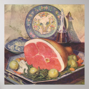 Affiche Dîner au jambon vintage avec haricots verts et pom