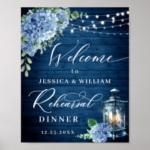 Affiche Dîner de répétition de Boho en bois bleu Hydrangea