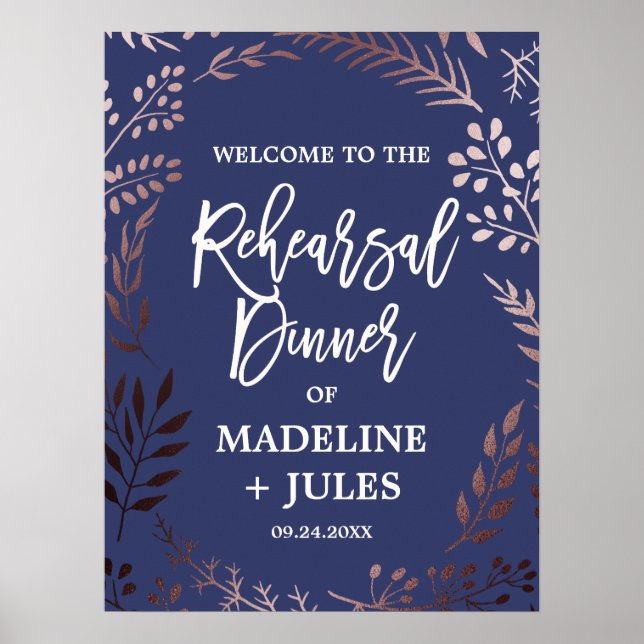 Affiche Dîner de répétition élégant rose gold et marine Bi (Devant)