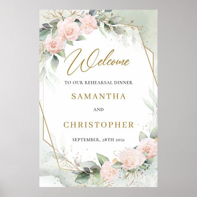 Affiche Dîner de répétition floral eucalyptus or blush (Devant)
