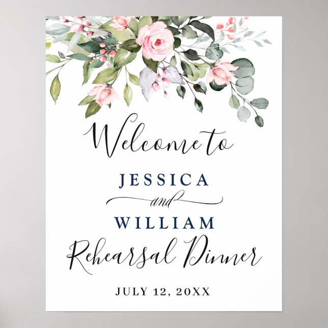 Affiche Dîner de répétition Roses Blush Eucalyptus Élégant (Devant)