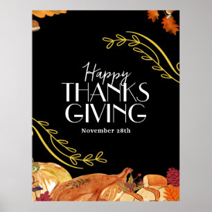 Affiche Dîner de Thanksgiving élégant noir imprimable