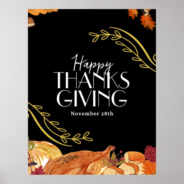 Affiche Dîner de Thanksgiving élégant noir imprimable (Devant)