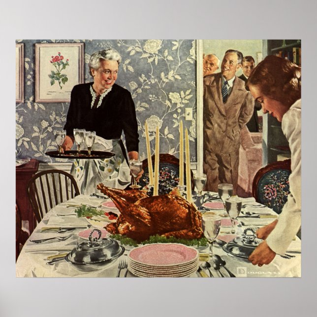 Affiche Dîner de Thanksgiving vintage avec la famille (Devant)