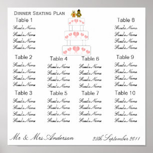 Affiche Dîner Mariage de Coeurs roses Plan de siège