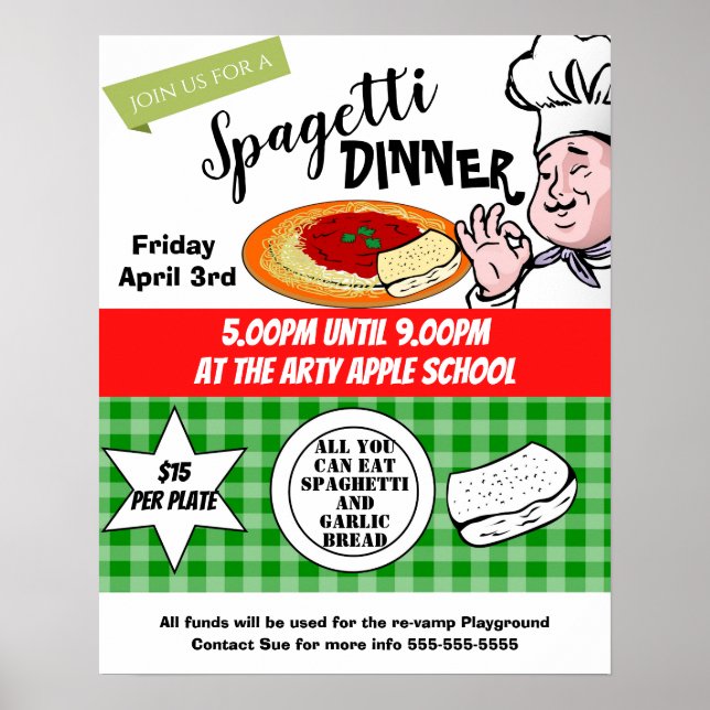 Affiche dîner spaghetti, collecte de fonds de l'école de c (Devant)