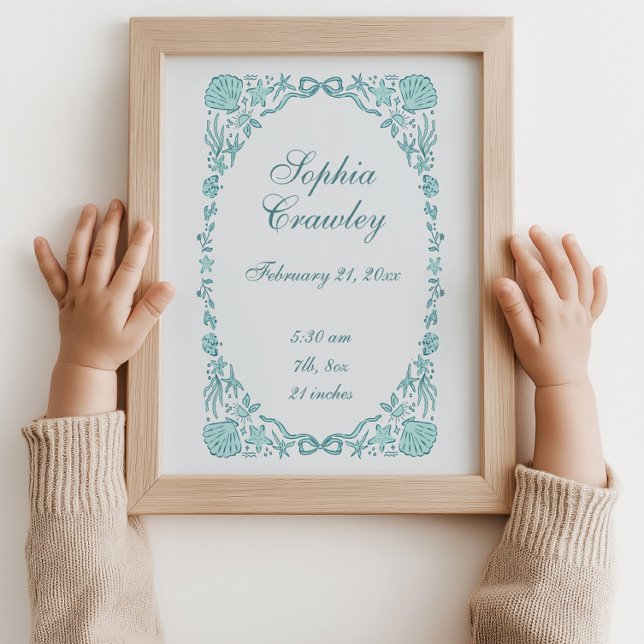 Affiche d'informations de naissance personnalisée  (Personalized Teal Coastal Seashells Ribbon Birth Info Poster Coastal Blue)