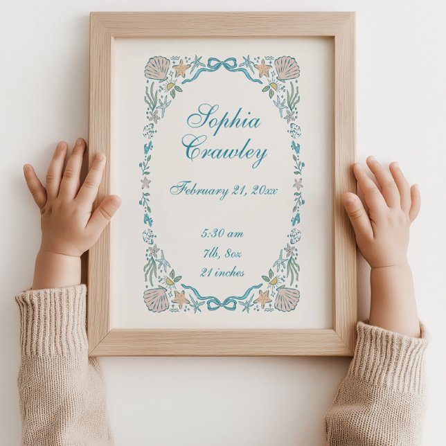 Affiche d'informations de naissance personnalisée  (Coastal Personalized Seashells Ribbon Birth Info Poster)