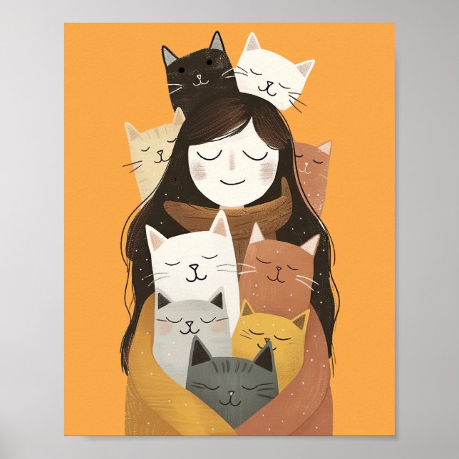 Affiche Dingue Crazy dame avec de mignons chats Jaune (Devant)