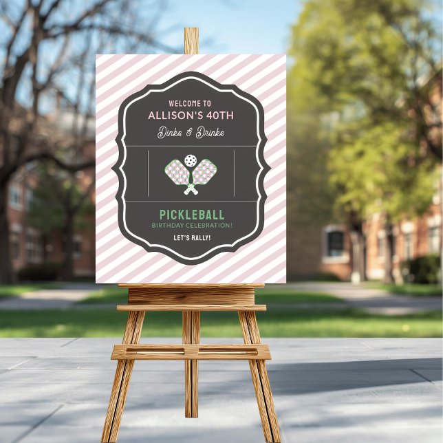 Affiche Dinks and Drinks Pink & Green Pickleball Welcome (Pickleball Party Welcome Sign)