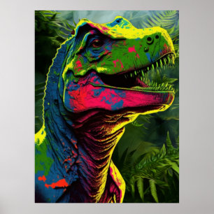 Affiche Dinosaur Bleu T Rex Rose et Jungle Vert Enfants