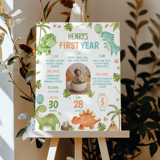 Affiche Dinosaur Cute Boy 1st Birthday Milestone Photo (Créateur téléchargé)