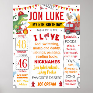 Affiche Dinosaur Dino Pompier Camion Anniversaire 1069