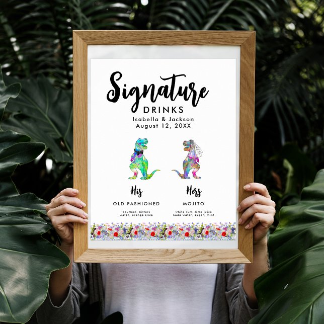 Affiche Dinosaur Mariée et Mariage de chambre Signature Bo (Dinosaur bride and groom wedding signature drinks poster with colorful T-Rex and boho wildflowers)