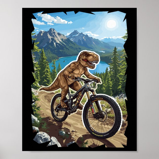 Affiche Dinosaur Mountain Biking Through Forest Trail  (Devant)