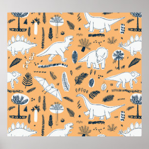 Affiche Dinosaur & Palm Feuilles : Motif amusant