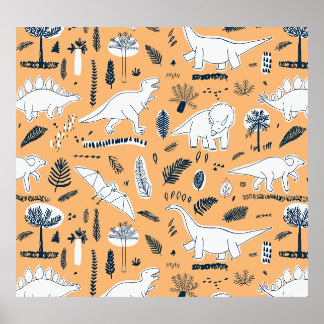 Affiche Dinosaur & Palm Feuilles : Motif amusant (Devant)