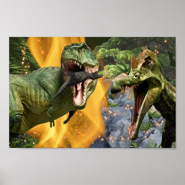 Affiche Dinosaur T-rex combat flammes garçons Dino thème (Devant)