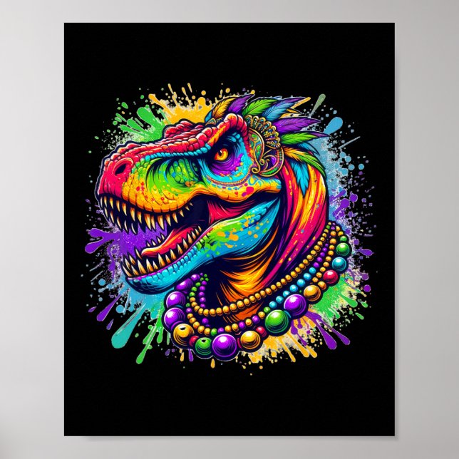 Affiche Dinosaur T Rex Mardi Gras Louisiane couleur carnav (Devant)